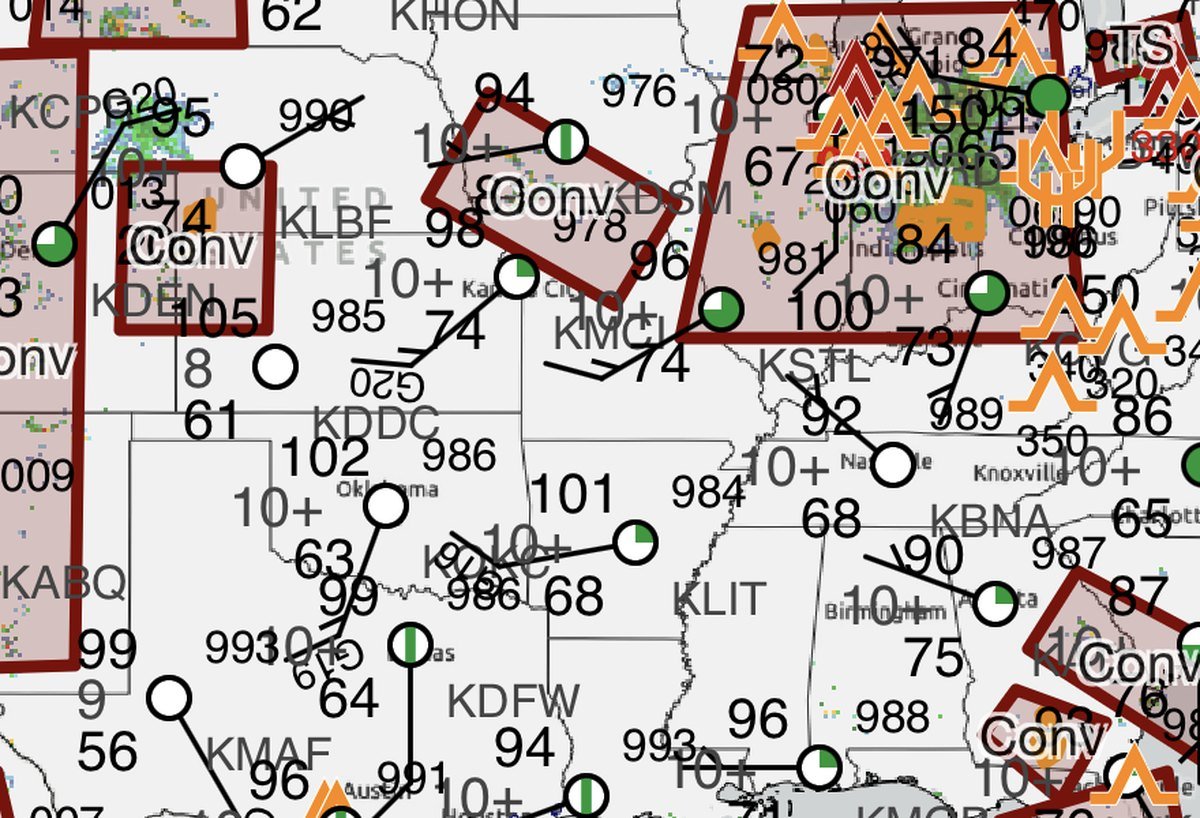 Aviation Weather Center surface observations plot over the central United States. Each reporting station is a circle whose fill shows sky cover, with a wind barb, temperature and dewpoint in Fahrenheit to the left, altimeter setting to the right, and visibility below; dark red polygons outline convective SIGMETs.